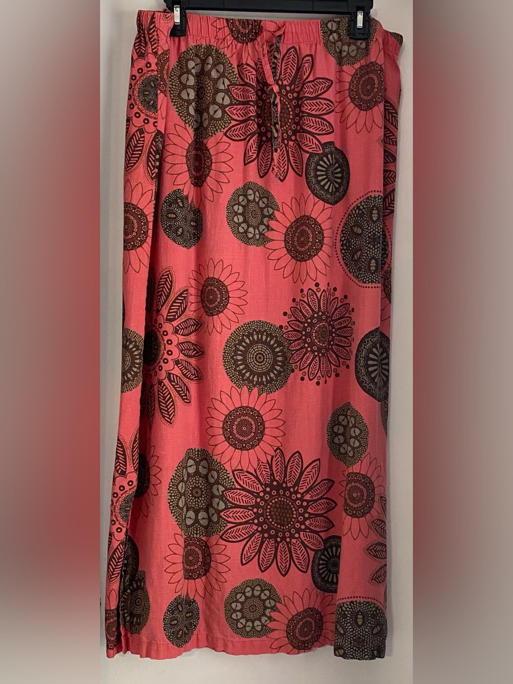 Hot Cotton by Marc Ware Made in USA Vintage Linen Skirt XL Slit BOHO Coral Print - Picture 1 of 7